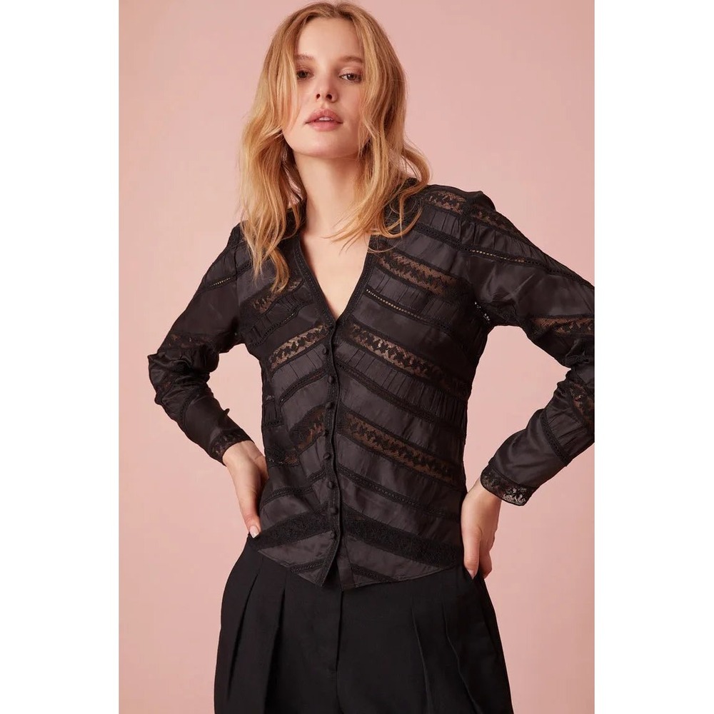 LoveShackFancy Tandra Black V-Neck Intricate Diagonal Panel Button Down Blouse 8